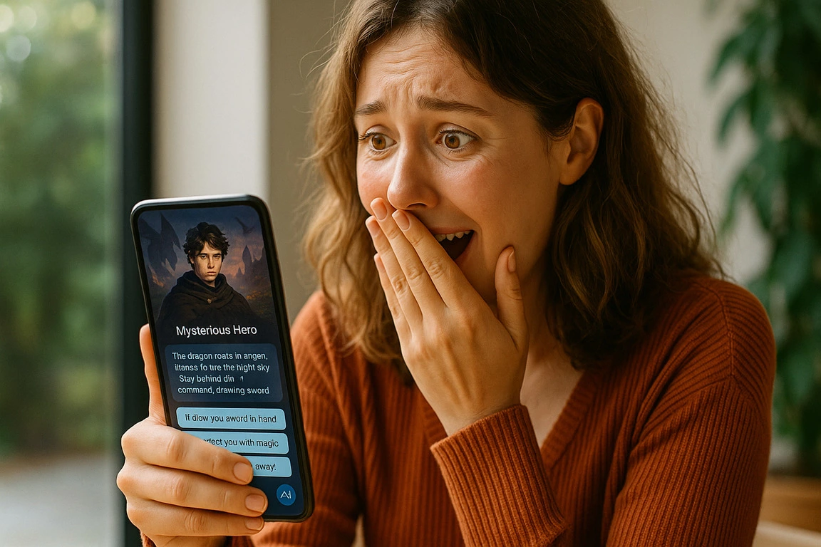 A woman is experiencing strong emotions from interacting with roleplay AI character.