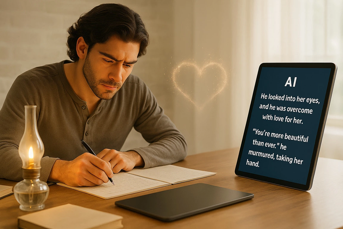 The writer is creating a romance narrative the artificial intelligence.