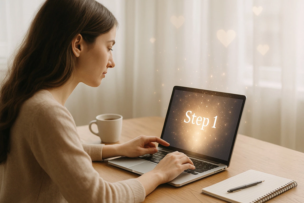 The woman is using an AI romantic story generator,