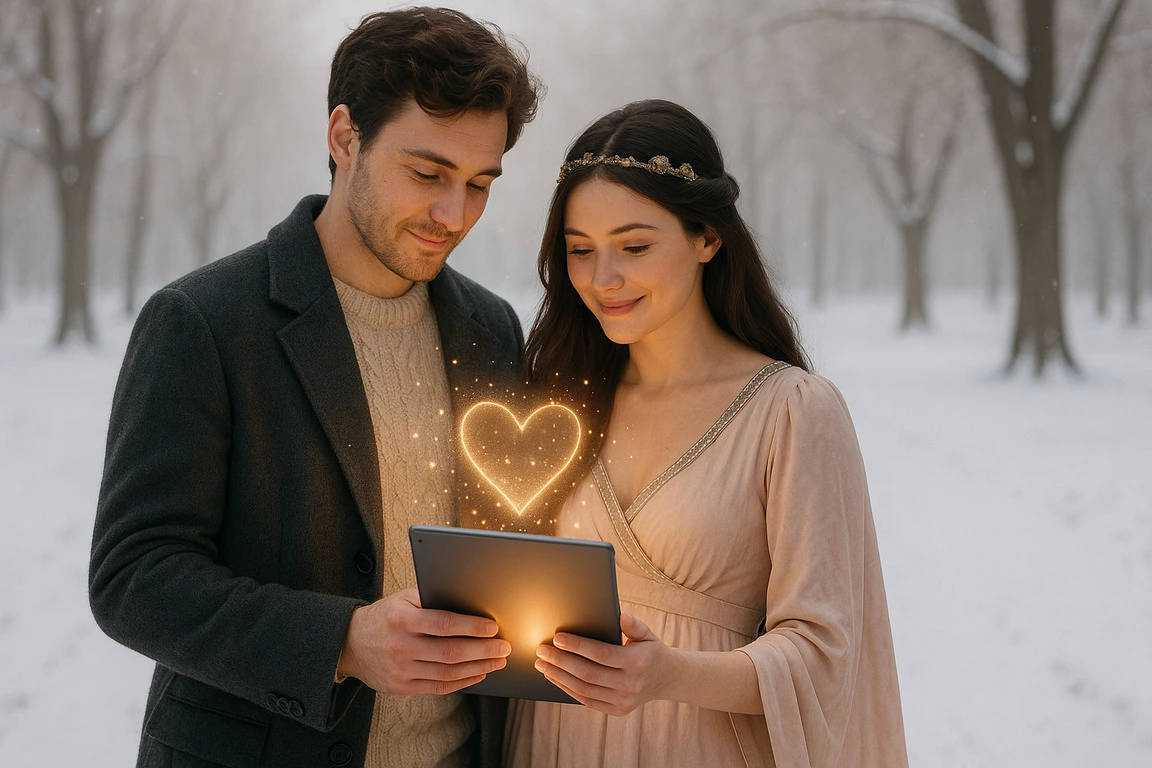 The couple is making a romantic story with the TalkToStory app.