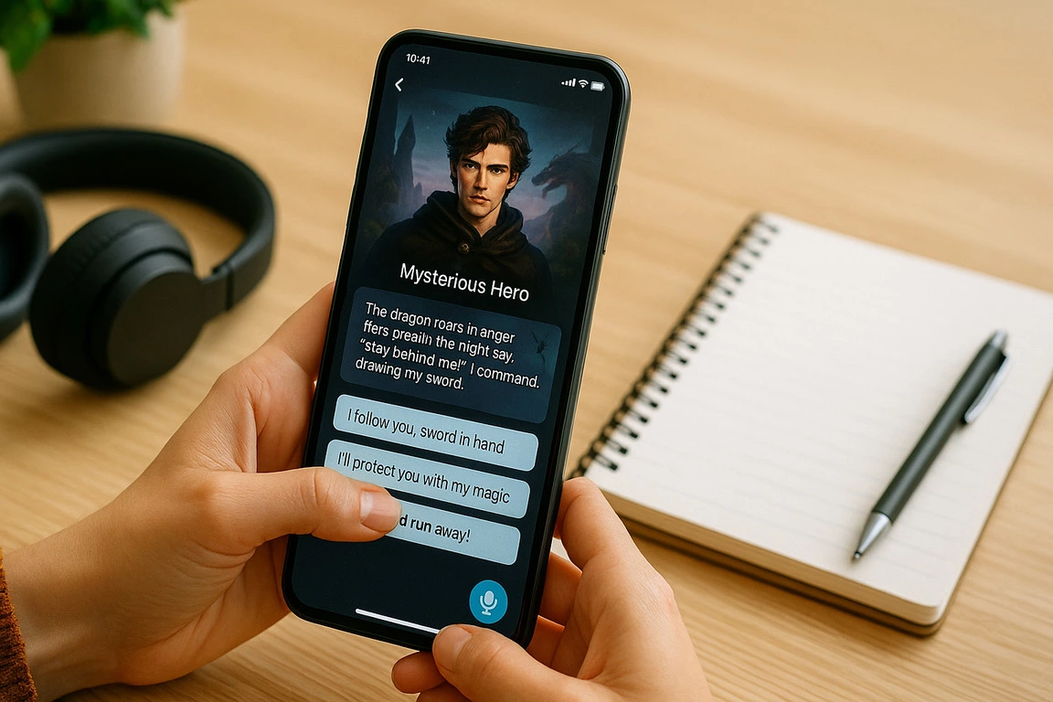 A person is engaged in a roleplay AI game with an app.