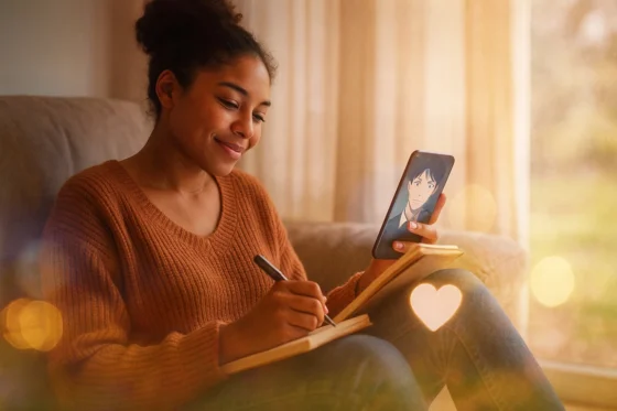 A woman is engaged in a romantic AI roleplay.