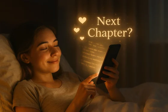 A girl is reading an AI romantasy story.